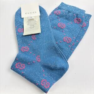 Gucci Blue Pink GG Logo Lurex Socks Size XL New With Tags Authentic Unisex